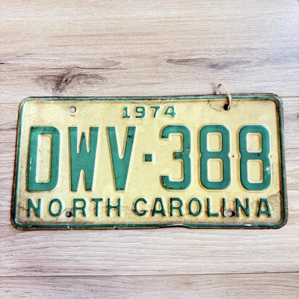 1974 North Carolina Vintage License Plate DWV 388 with Green Lettering